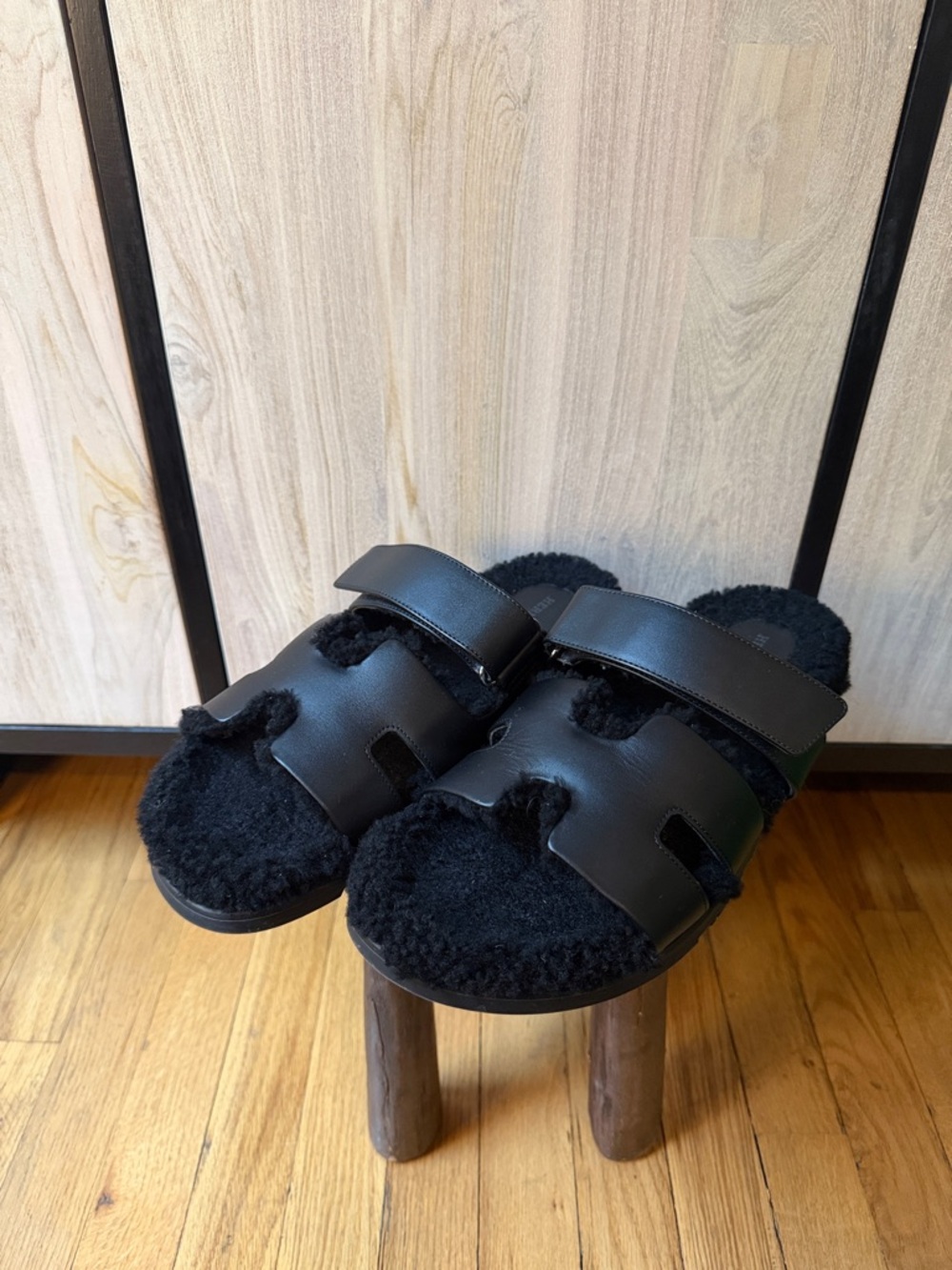 Hermes Black Shearling Chypre Sandals